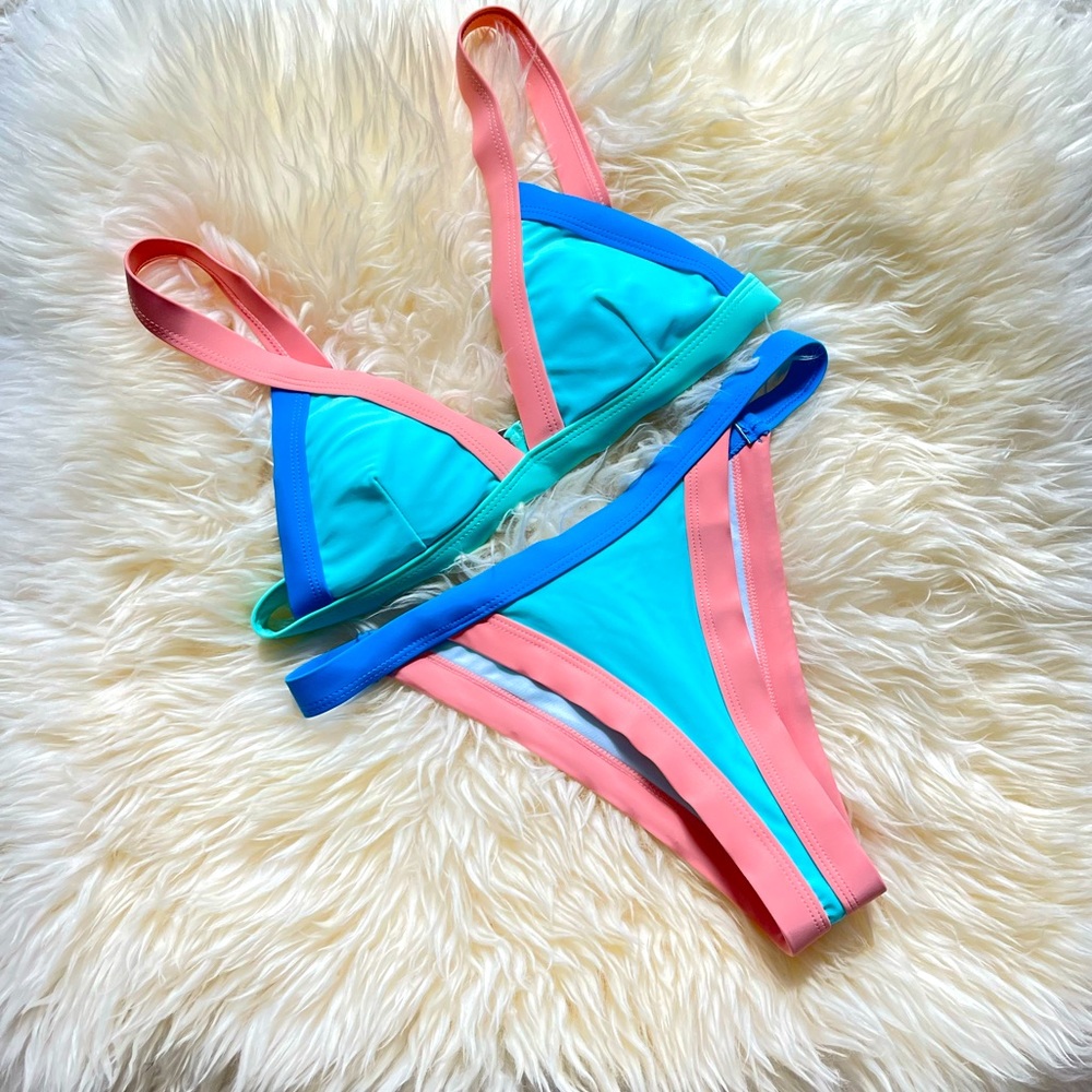 Color Triangle Thong Bikini Swimsuit | XS | Pink/Blue/Teal